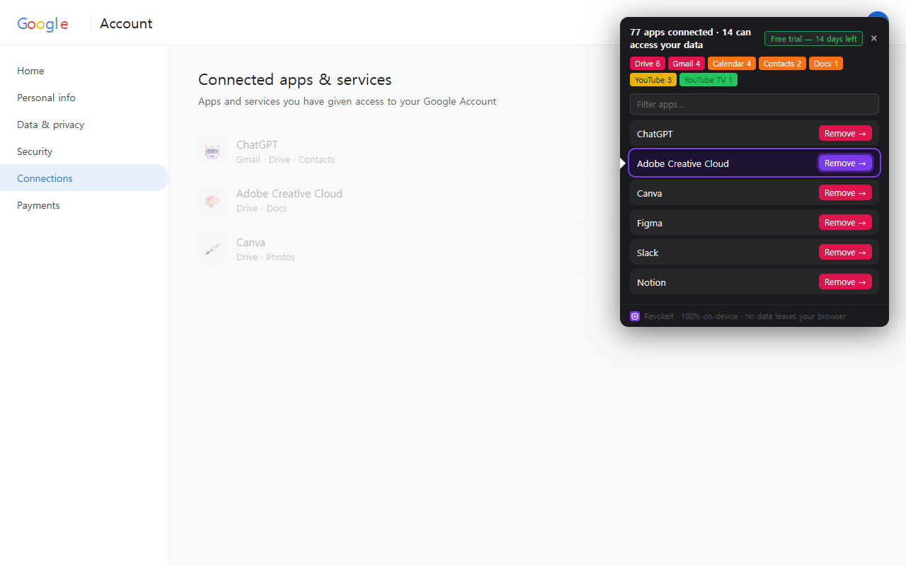 Revokeit guided remove flow: clicking Remove → opens Google's own removal page